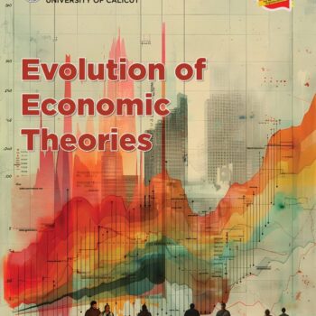 Evolution of Economic Theory book cover with symbols representing economic growth and development over time.