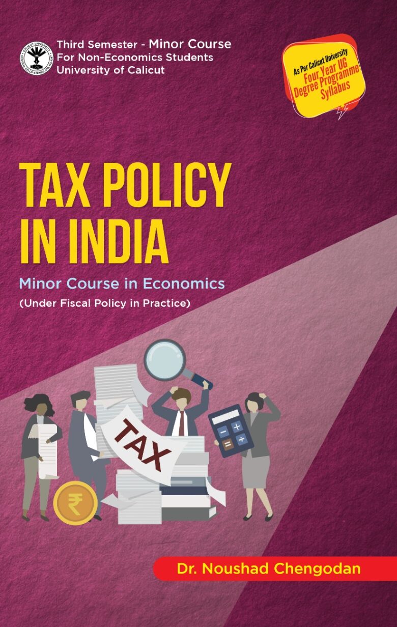Tax Policy in India book cover with symbols of money and tax documents.